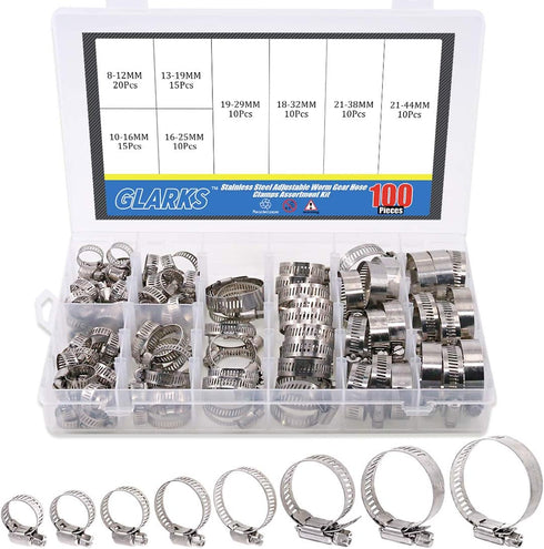 Glarks 100Pcs Adjustable 8-44mm Range 304 Stainless Steel Worm Gear Hose Clamps Assortment Kit, Fuel Line Clamp for Water Pipe, Plumbing, Automoti...