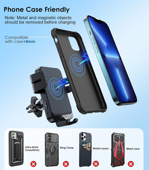 Wireless Car Charger, MOKPR 15W Fast Charging Auto-Clamping Car Charger Phone Mount Air Vent Cell Phone Holder Compatible iPhone 15/14/13/13 Pro/1...