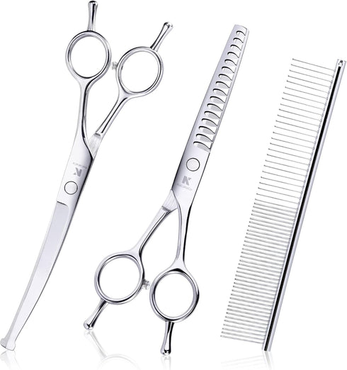 Dog Grooming Scissors with Safety Rounded Tips, Professional 4 in 1 Pet Grooming Scissors Kit with Curved Dog Scissors for Grooming, Chunker Shear...