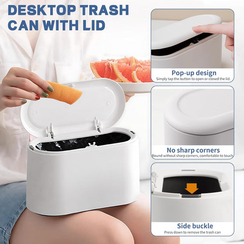 Mini Trash Can with Lid - Removable Small Garbage Can, Tiny Plastic Trash Bin, Pop Up Countertop Wastebasket, Counter Garbage Lint Bin for Bathroo...