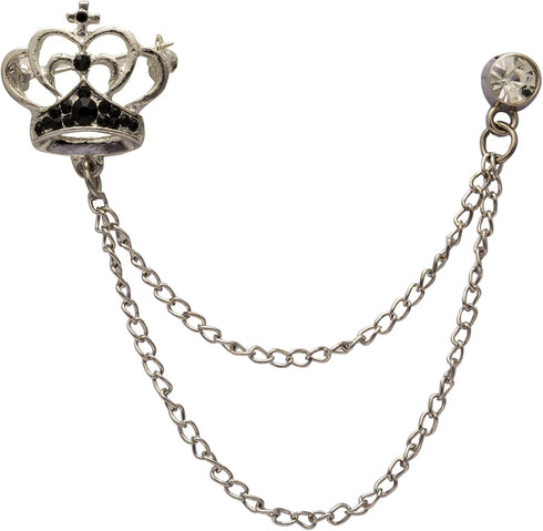Knighthood Brooch Pin Elegant Silver Crown with Black Crystal and Hanging Chain Lapel Pin Brooch for Men...