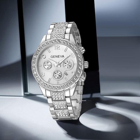 FANMIS Luxury Unisex Pave Floating Crystal Diamonds Calendar Analog Quartz Watch Luminous Pointer with Stainless Steel Link Bracelet...