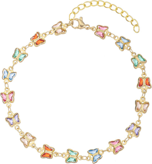 Gold Ankle Bracelets for Women 14K Gold Plated Crystal Oval Round Butterfly Heart Charm Simulated Pearl Beaded Chain Anklets for Women Waterproof...