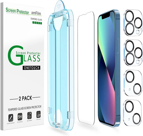 amFilm Screen Protector OneTouch Compatible with iPhone 13, iPhone 13 Pro (6.1", 2021) Tempered Glass and Camera Lens Protector, Edge to Edge Full...