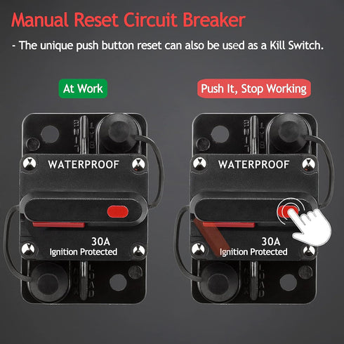 3 Pack 30 Amp Auto Car Stereo Audio Circuit Breaker Fuse 12-48VDC Manual Reset Button Switch Fuses, with Wire Lugs Copper Washer...