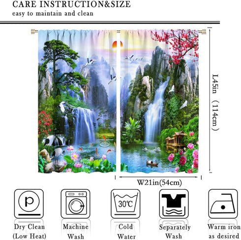 Waterfall Deocr Curtain, Surrounded Waterfall Rocky Lotus Fish Swan Landscapes Home Decor Windows Rod Pocket Curtain for Living Room Bedroom Kitch...