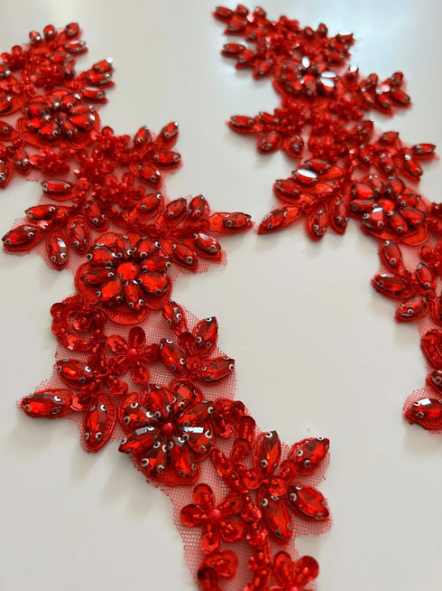 1 Pair Rhinestones Lace Applique Accessories Handsewing Glass Beads Stones Trim Patches for DIY Girl Wedding Dress Decorations (Red)...