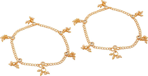 Touchstone NEW Indian Bollywod Smart Chain Faux Pearls White Rhinestone Designer Jewelry Paazeb Anklets Payal in Gold Tone for Women....
