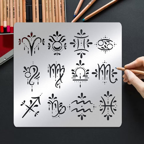 BENECREAT Zodiac Signs Themed Metal Stencil, Stainless Steel Drawing Stencil Template for Wood Burning, Wall Painting Crafts and Decorations, 6x6"...