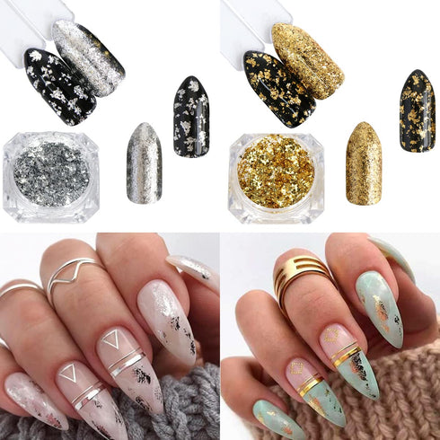 Holographic Gold Silver Nail Foil Glitter Flakes 3D Sparkly Aluminum Foil Flake Mirror Powder Nail Art Supplies Irregular Foil Glitter Chip Nail D...
