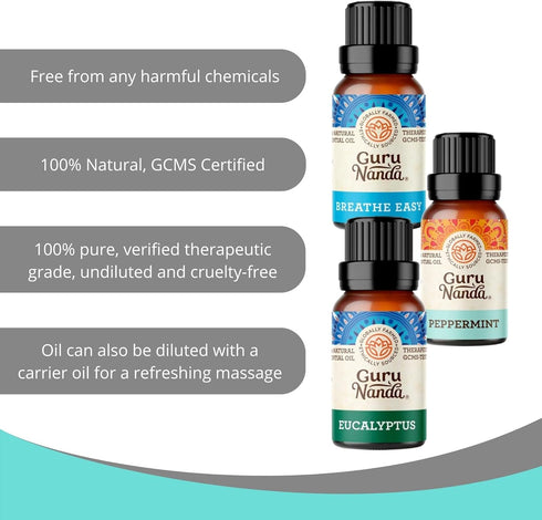 GuruNanda Breathe Essential Oil Set (Pack of 3 x 0.34 Fl Oz) - 100% Pure, Natural & Undiluted Diffuser Oils for Aromatherapy - Helps Support Clear...