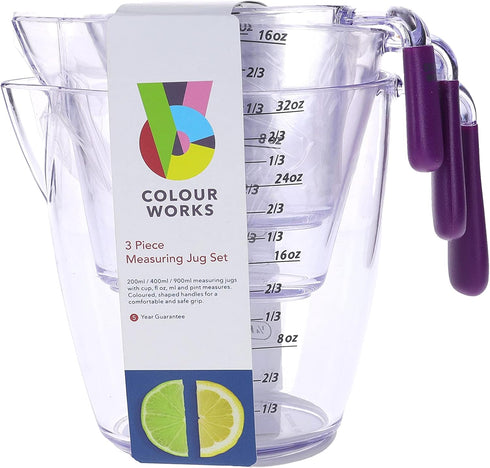 Colourworks Measuring Jug Set, 3-Piece Plastic Measuring Jug with 200, 400 and 900ml Jugs, Purple...