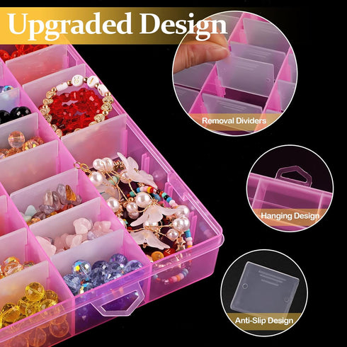 2 Pack 24 Grids Pink Plastic Organizer Box, Storage Container with Adjustable Divider, Craft Organizers and Storage Bead Storage Organizer Box for...