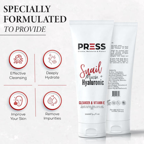PRESS Snail + Hyaluronic + Vitamin E Mucin Facial Cleanser | Skincare Cleanser Effective for Cleansing and Refreshing Skin 6 oz...