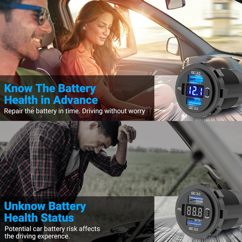 12V USB C Car Charger Socket 2 Pack: Dual Quick Charge 3.0 & PD USB C Car USB Ports 12 Volt USB Outlet with Voltmeter and Power Switch DIY Car Soc...