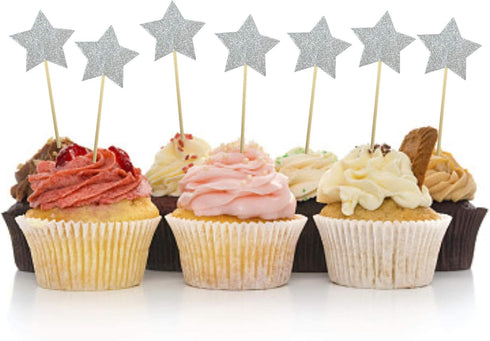 50Pcs Star cupcake toppers for All Occasions Party Supplies Decoration with Double Sided Glitter Stock (Silver)...