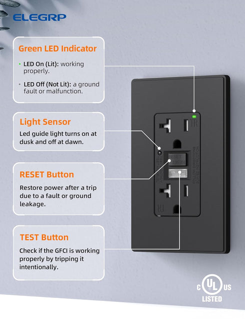 ELEGRP GFCI Outlet w/Nightlight, 20 Amp Self-Test GFI Electrical Outlet w/Thinner Design, Tamper Resistant GFCI Receptacle, Ground Fault Receptacl...