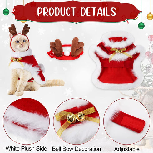 3 Pieces Christmas Pet Costumes Outfit Set Includes Puppy Cat Cloak with Star and Pompoms Kitten Dog Antlers Headband Pet Reindeer Headwear Cat Sa...