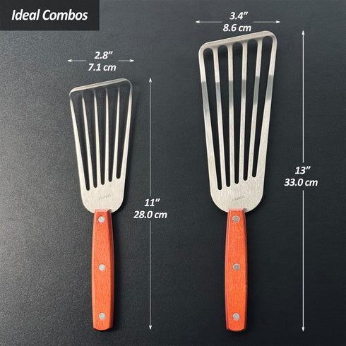 2 Pack Fish Spatula Turner, Stainless Steel Slotted Spatulas for Flipping, Turning, Frying & Grilling, 3"x6"+4"x8" Metal Slotted Spatulas, Wooden ...