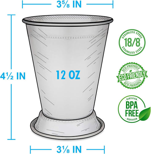 Mint Julep Cups: Stainless Steel Glasses, Set of 2 OR Set of 4, Metal 12 oz Cocktail Glasses, Party Supplies...