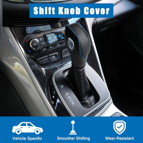 Leather Gear Shift Knob Cover Compatible with Ford Focus? Escape? Fusion? C-Max Energi Wagon? Transit ? Fiesta 2012-2019 Black Leather with Blue S...