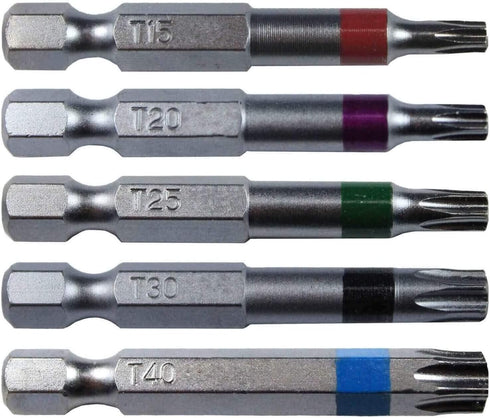 Torx/Star Drive 5 Piece Bit Set 2" Quick Change Shank (Color Coded) Includes T-15, T-20, T-25, T-30, T-40 Torx/Star Screw Driver Bits...
