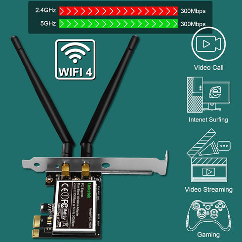 Wireless N 600Mbps (2.4GHz 300Mbps and 5GHz 300Mbps) PCIE WiFi Adapter, PCIE WiFi Card, QUALCOMM Atheros AR946X Wireless Network Adapter for Windo...