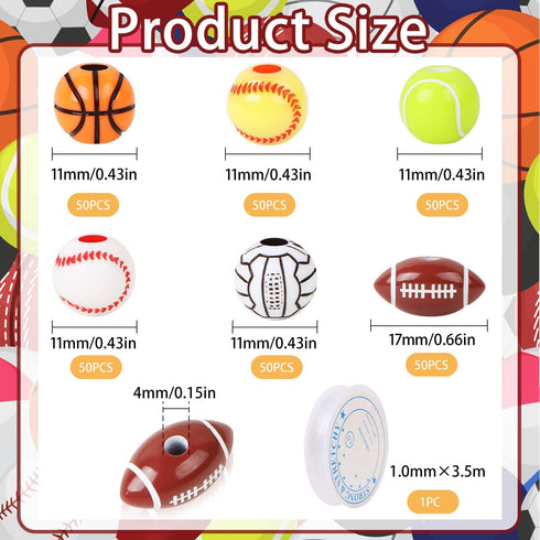 300 Pcs Sports Ball Beads for Jewelry Making, Acrylic Sports Beads Bulk, Baseball Basketball Volleyball Softball Football Tennis Beads with Stretc...
