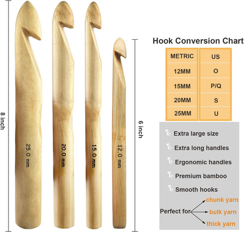 Mdoker Huge Crochet Hook Set Size 12mm(O)/15mm(P/Q)/20mm(S)/25mm(U) Large Wooden Crochet Hooks Needles for Giant Chunky Yarn Carpet Scarf Bulky Wo...