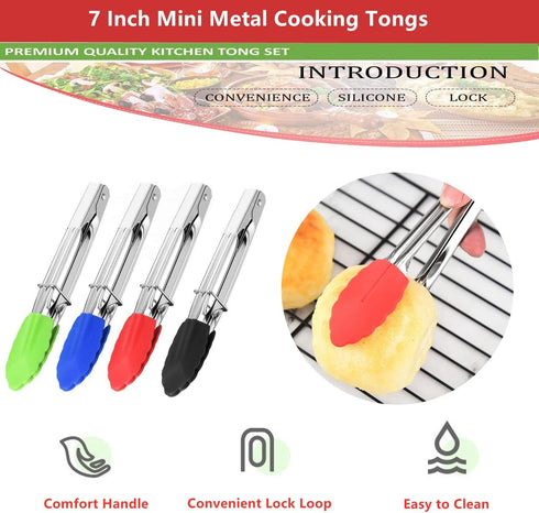 Mini Kitchen Tongs with Silicone Tips,Silicone Serving Tongs of 3 set,7 inch Non-stick Small Tongs with Stainless Steel Silicon Handles, Heat Resi...