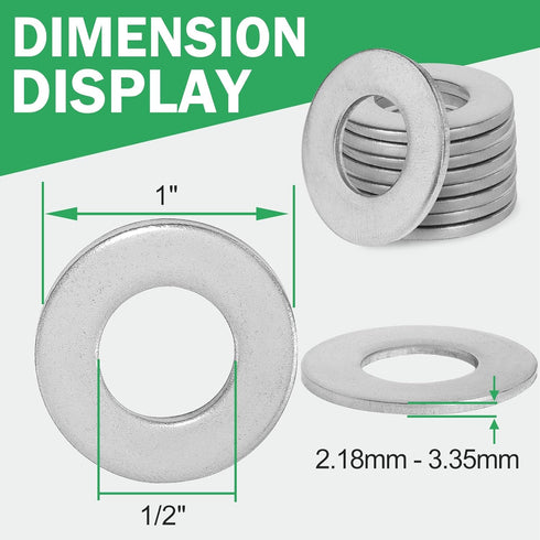 1/2" Stainless Steel Flat Washers - 1" Outside Diameter, 304?18-8?Stainless Steel Washers Metal Washers for Screws Bolts, Pack of 50...