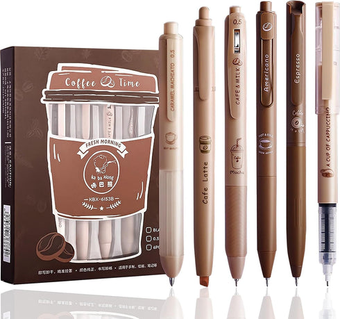 Cute Coffee Pens 5Pcs Gel Ink Pens Retractable Pens and 1Pcs Highlighter 0.5mm Fine Point Black Ink Kawaii Smooth Writing Pens for School Office S...