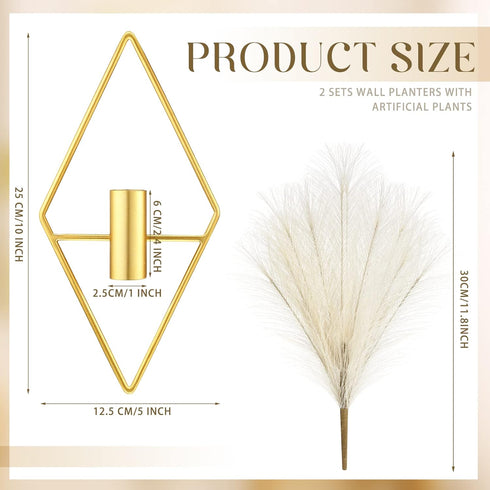 Peryiter 2 Pcs Small Boho Wall Decor Hanging Planters with Artificial Pampas Wall Mounted Metal Wall Decor Modern Home Decor Display Wall Art Bedr...