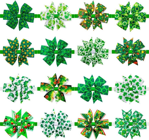 32pcs St. Patrick's Day Dog Collar Bows Ties, Bulk Clover Lucky Pattern Dog Grooming Bowties and Neckties, Adjustable Holiday Green Basic Dog Coll...