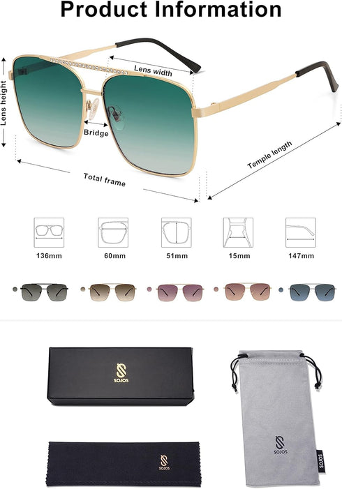 SOJOS Trendy Aviator Sunglasses Womens Oversized Retro Rhinestone Double Bridge Square Women Shades SJ1195...