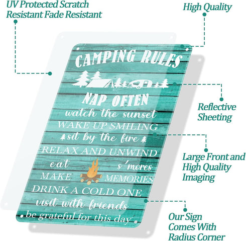 Moxweyeni 2 Pcs Camping Decor for Camper Camping Rule Sign Rustic Funny Camping Rules Metal Tin Sign Camper Decorations for Inside Outside Wall Ar...