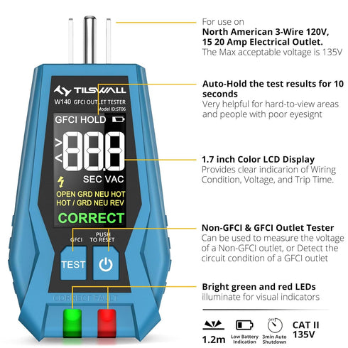 Tilswall W140 Outlet Tester with Color LCD Display, Receptacle Tester for Standard 3-Wire 120V Electrical Receptacles, Detects Common Wiring Probl...