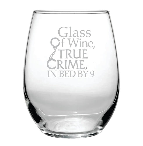 Glass of Wine, True Crime, In Bed by 9 (15 oz) Funny Birthday Wine Lover Glass Gift - Detective Theme, Unsolved Mysteries Fan, Halloween Wine Glas...
