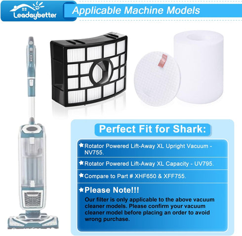 Leadaybetter 2 HEPA + 4 Foam & Felt Filters for Shark Rotator Powered Lift-Away XL Capacity NV755, UV795 Vacuum Cleaner, Compare to Part # XFF750 ...