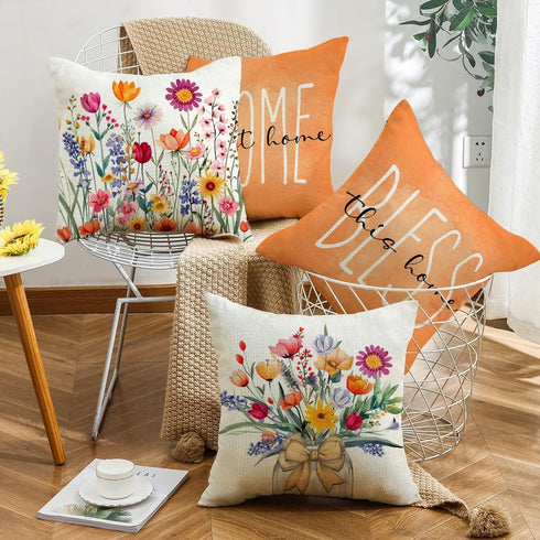 Throw Pillow Covers 18x18 Set of 4 Spring Summer Pillow Covers Floral Farmhouse Cushion Cases for Sofa Couch Living Room Outdoor Home Decor...