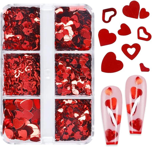 6 Grids Heart Nail Sequins 3D Holographic Nail Glitter Flakes Acrylic Nail Art Supplies Red Love Hearts Shaped Nail Glitter Sequins Valentine's Da...