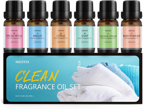 Clean Essential Oils Set - 6x10ML Fragrance Oil for Diffuser, Aromatherapy, Candle & Soap Making - Fresh Petal, Breeze, Citrus, Soap, Cedar&Cypres...