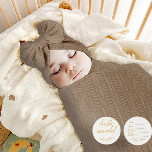Golener Baby Swaddle Blankets for Boys&Girls, Newborn Swaddle Set with Matching Hat and Headband Bow with Wooden Birth Announcement Card, Simulate...