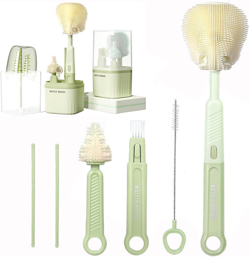 Travel Baby Bottle Brush ?6 in 1 Portable Nursing Bottle Brush Set with Silicone Bottle Brush,Drying Drain Pole,Nipple Brush,Straw Brush and Stora...