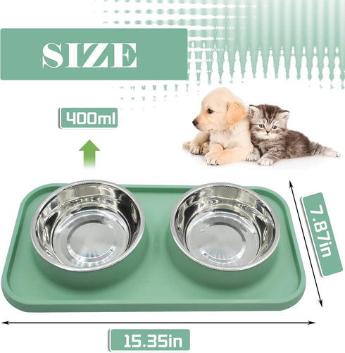 Double Dog Food Bowls Stainless Steel with No Spill Non Skid Silicone Mat Removable Dog Water and Food Bowls Set Durable Feeding Bowls for Small D...