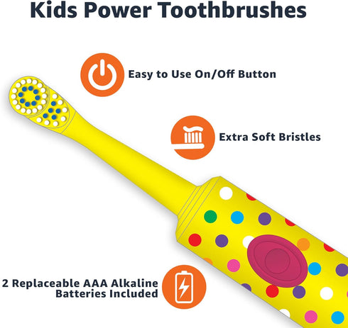 Amazon Basics Kids Battery Powered Toothbrush, 2 Count, 1 Pack (Previously Solimo), Yellow & Blue...