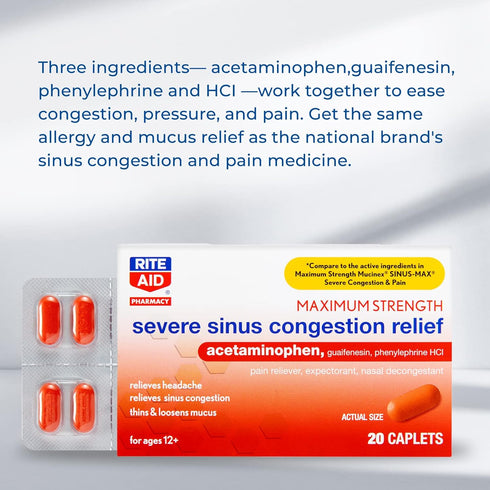 Rite Aid Severe Sinus Medicine and Nasal Decongestant, Maximum Strength - 20 Caplets | Sinus Relief | Pain Relief | Multi-Symptom Cold and Flu Med...