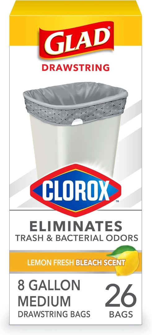 Glad Trash Bags, Medium Drawstring Garbage Bags with Clorox, 8 Gallon, Lemon Fresh Bleach Scent, 26 Count...