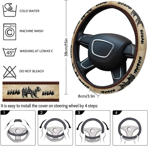 Steering Wheel Cover Vintage Black Bear Pine Tree Silhouettes Steering Wheel Covers Retro Rustic Steering Wheel Protector Car Accessory 15 Inches...