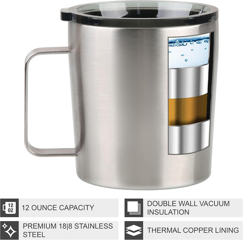 12 oz Insulated Coffee Mug with Lid, Stainless Steel, Double Wall Vacuum Insulated Travel Mug Coffee Cup with Handle, Stainless Steel/Silver (803-...